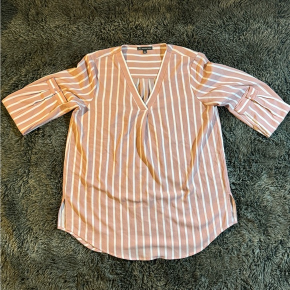 Adrianna Papell peach and white striped long sleeve blouse size small - Picture 1 of 8